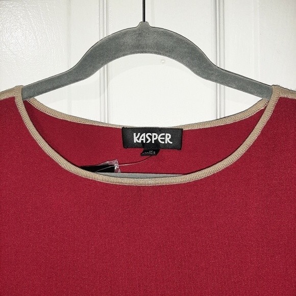 Kasper Stretchy Crop Sweater Knitted Top Red with Tan Accent 3/4 Sleeve Size M - Picture 11 of 13